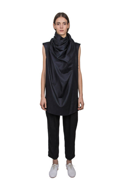 Shop Emerging Slow Fashion Genderless Brand Ludus Agender Brand Black Sleeveless Draped High Neck Top at Erebus