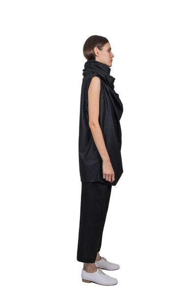 Shop Emerging Slow Fashion Genderless Brand Ludus Agender Brand Black Sleeveless Draped High Neck Top at Erebus