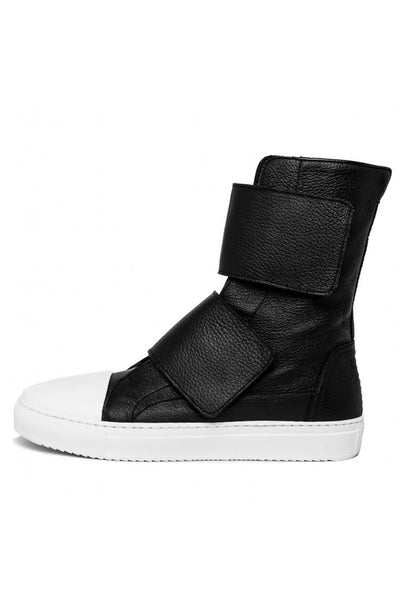 Shop emerging slow fashion unisex shoe brand EZ Lab Sneakers black on white Double Strap Leather High-Top Sneakers - Erebus