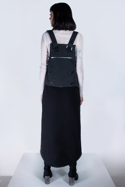 Shop emerging futuristic genderless designer Fuenf Metaphysics AW20 Collection Black Heavy Cotton 5 Way Transform Vest Bag at Erebus
