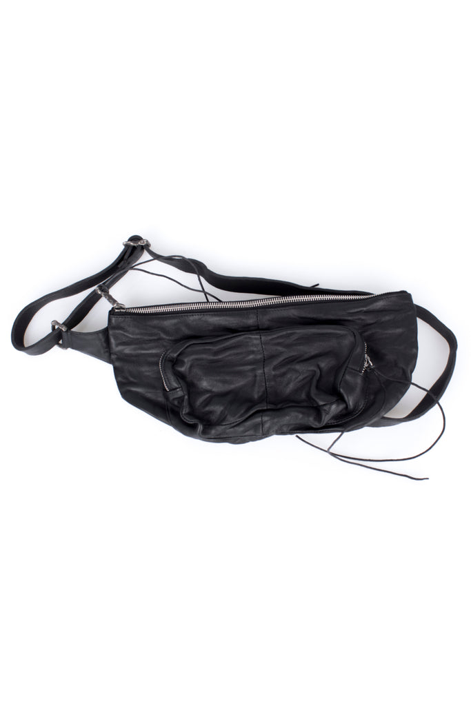 Shop Emerging Slow Fashion Avant-garde Artisan Leather Brand Gegenüber Black Hang 3 Bum Bag at Erebus