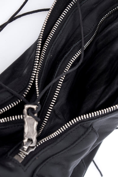 Shop Emerging Slow Fashion Avant-garde Artisan Leather Brand Gegenüber Black Hang 4 Bum Bag at Erebus