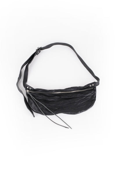 Shop Emerging Slow Fashion Avant-garde Artisan Leather Brand Gegenüber Black Hang 1 Bum Bag at Erebus