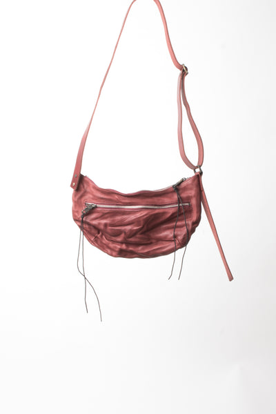 Shop Emerging Slow Fashion Avant-garde Artisan Leather Brand Gegenüber Red Hang 5 Hobo Bag at Erebus
