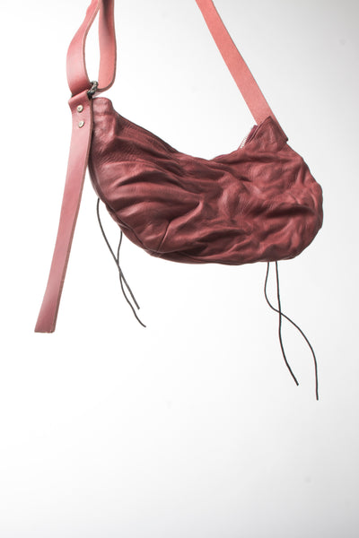 Shop Emerging Slow Fashion Avant-garde Artisan Leather Brand Gegenüber Red Hang 5 Hobo Bag at Erebus
