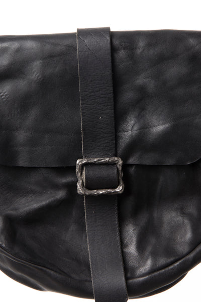 Shop Emerging Slow Fashion Avant-garde Artisan Leather Brand Gegenüber Black Mond Half Moon Bag at Erebus