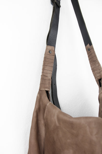 Shop Emerging Slow Fashion Avant-garde Artisan Leather Brand Gegenüber Sand Leather Flap Messenger Bag at Erebus