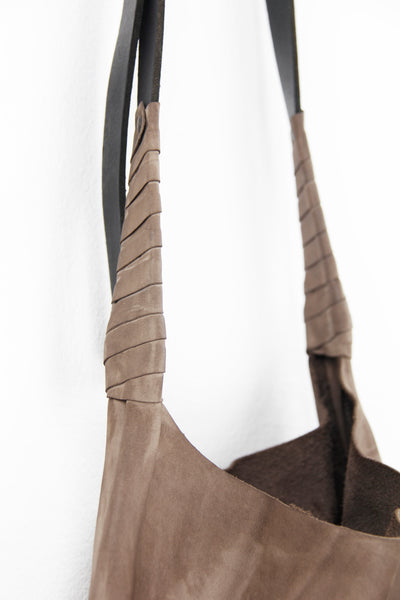 Shop Emerging Slow Fashion Avant-garde Artisan Leather Brand Gegenüber Sand Leather Hobo Shoulder Bag at Erebus