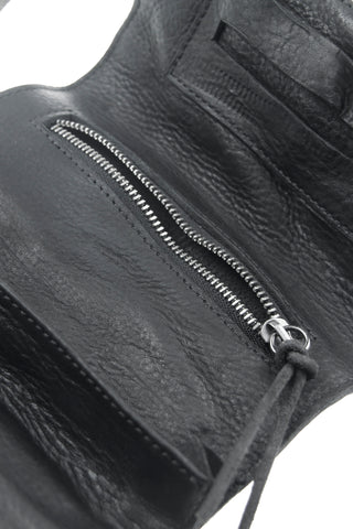 Shop Emerging Slow Fashion Avant-garde Artisan Leather Brand Gegenüber Black Leather Trifold Tobacco Wallet at Erebus