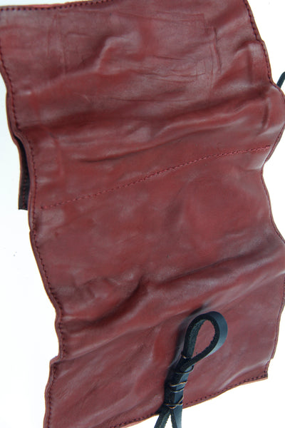 Shop Emerging Slow Fashion Avant-garde Artisan Leather Brand Gegenüber Red Leather Trifold Tobacco Wallet at Erebus