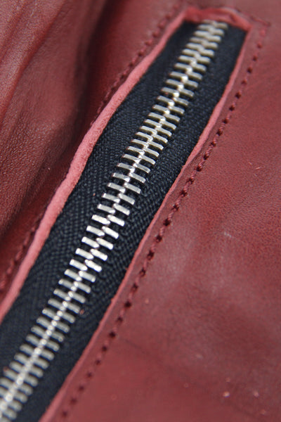 Shop Emerging Slow Fashion Avant-garde Artisan Leather Brand Gegenüber Red Leather Trifold Tobacco Wallet at Erebus
