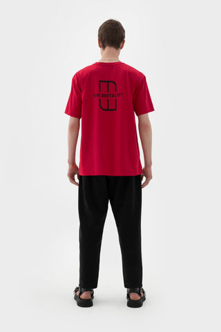 Shop emerging futuristic genderless designer Fuenf x The Brvtalist Collaboration SS21 Collection Genderless Red Logo Print T-Shirt at Erebus