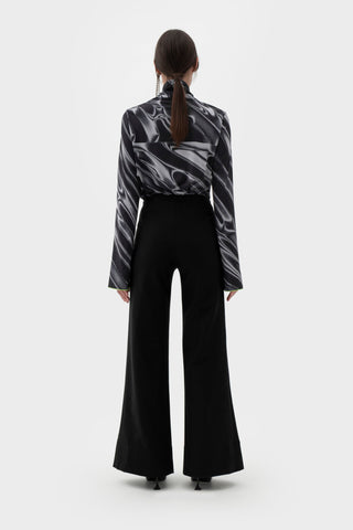 Shop emerging futuristic genderless designer Fuenf SS21 Collection Genderless Black Mid-rise Flared Trousers at Erebus