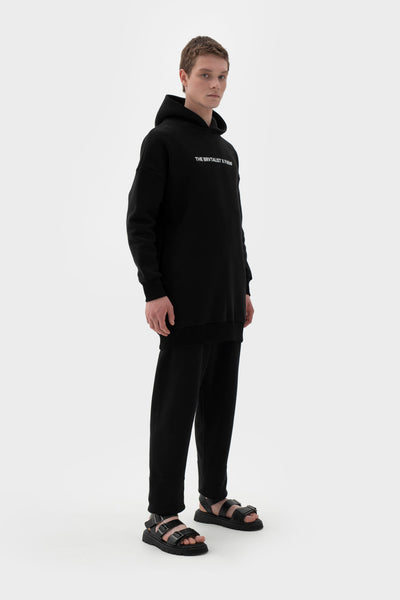 Shop emerging futuristic genderless designer Fuenf x The Brvtalist Collaboration SS21 Collection Genderless Black Cotton Blend Hooded Sweatshirt at Erebus