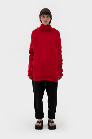 Shop emerging futuristic genderless designer Fuenf SS21 Collection Red Transformable Genderless Cotton Zipped Sweatshirt at Erebus