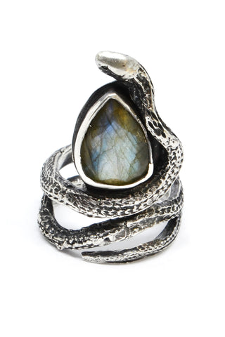 Shop alternative emerging slow fashion jewellery brand Eilisain Medea Gemstone Snake Ring in Sterling Silver and Labrodite at Erebus
