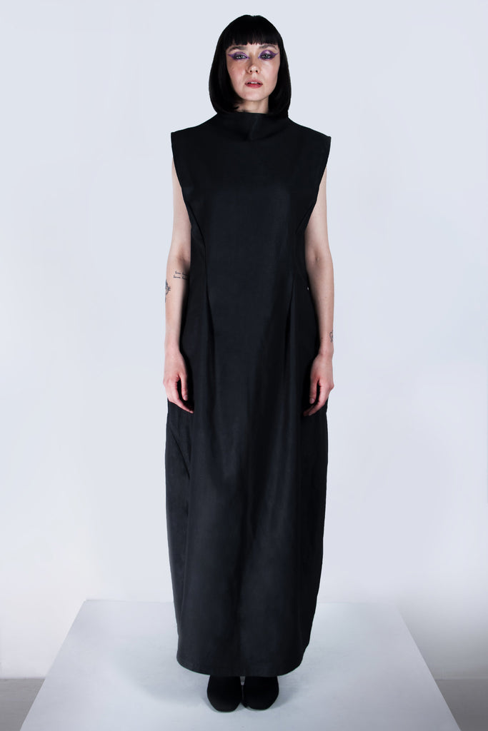 Shop emerging futuristic genderless designer Fuenf Metaphysics AW20 Collection Black Long Sweatshirt Dress Vest at Erebus