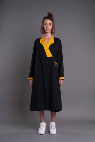 Shop Emerging Dark Conceptual Brand Anagenesis Albedo Collection Black and Yellow Wrapped Kimono Jacket at Erebus