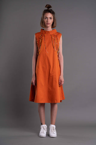 Shop Emerging Dark Conceptual Brand Anagenesis Albedo Collection Orange Sleeveless Breach Dress at Erebus