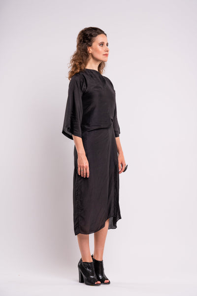 Shop emerging dark conscious fashion genderless brand Anoir by Amal Kiran Jana Black Silk Gorget Dress at Erebus