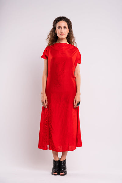 Shop emerging dark conscious fashion genderless brand Anoir by Amal Kiran Jana Red Silk Dress at Erebus
