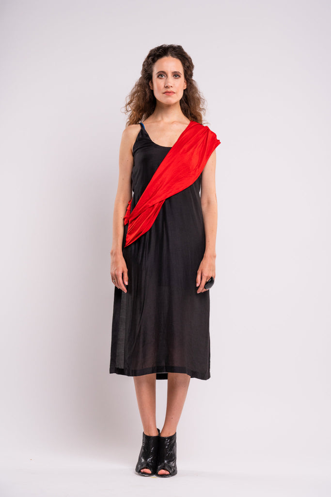 Shop emerging dark conscious fashion genderless brand Anoir by Amal Kiran Jana Black Silk Sash Dress at Erebus