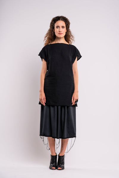Shop emerging dark conscious fashion genderless brand Anoir by Amal Kiran Jana Black Raw Skirt at Erebus