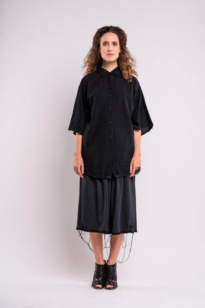 Shop emerging dark conscious fashion genderless brand Anoir by Amal Kiran Jana Black Raw Skirt at Erebus