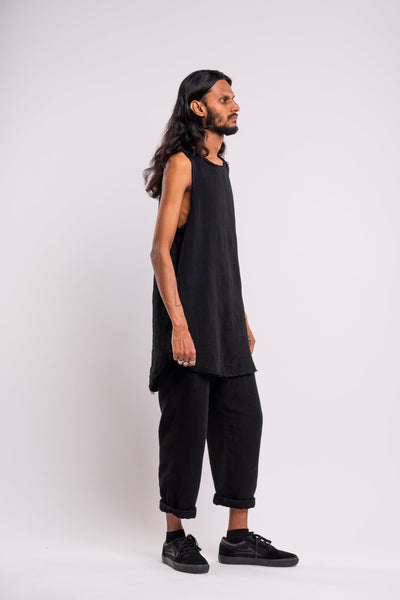 Shop emerging dark conscious fashion genderless brand Anoir by Amal Kiran Jana Black Raw Sleeveless Tank at Erebus