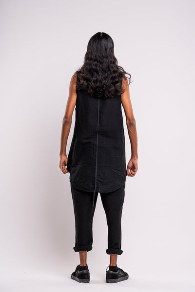 Shop emerging dark conscious fashion genderless brand Anoir by Amal Kiran Jana Black Raw Sleeveless Tank at Erebus