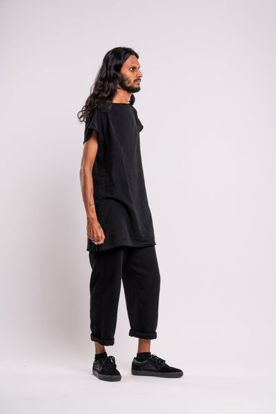 Shop emerging dark conscious fashion genderless brand Anoir by Amal Kiran Jana Black Raw Trousers at Erebus