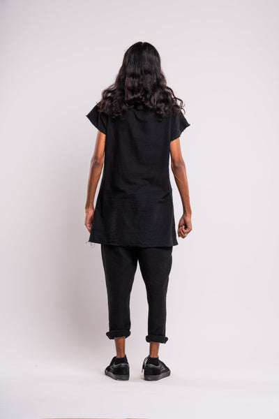 Shop emerging dark conscious fashion genderless brand Anoir by Amal Kiran Jana Black Raw Top at Erebus