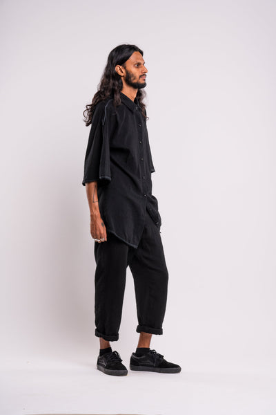 Shop emerging dark conscious fashion genderless brand Anoir by Amal Kiran Jana Black Raw Shirt at Erebus