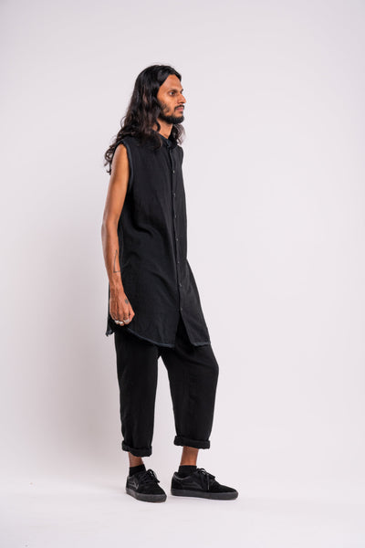 Shop emerging dark conscious fashion genderless brand Anoir by Amal Kiran Jana Black Raw Sleeveless Shirt at Erebus