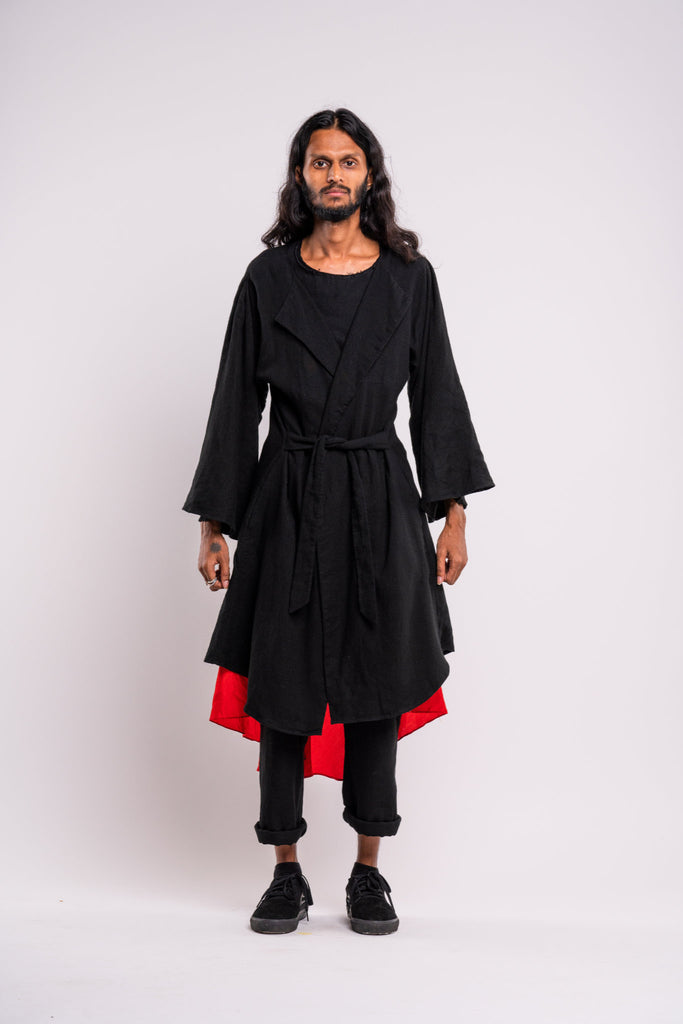 Shop emerging dark conscious fashion genderless brand Anoir by Amal Kiran Jana Black Cotton and Red Silk Mythic Jacket at Erebus