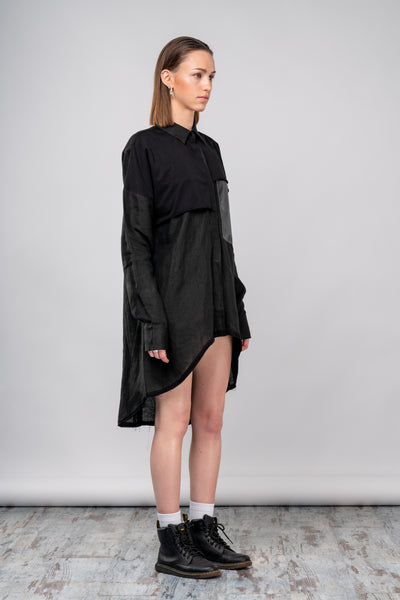Shop emerging dark conscious fashion genderless brand Anoir by Amal Kiran Jana Black Woven Hemp Tail Shirt at Erebus