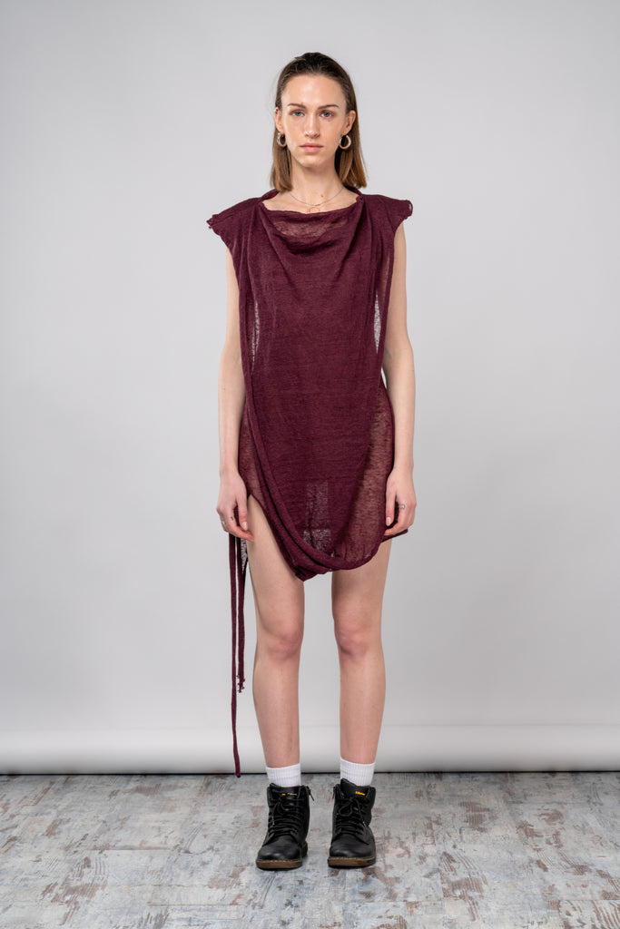 Shop emerging dark conscious fashion genderless brand Anoir by Amal Kiran Jana Sheer Knit Drape Mini Dress at Erebus