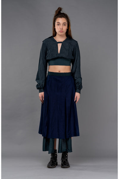 Shop Emerging Dark Conceptual Brand Anagenesis Indigo Godet Skirt at Erebus