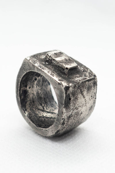 Shop Emerging Slow Fashion Avant-garde Jewellery Brand Surface Cast Blackened Silver Alter Medium Ring at Erebus