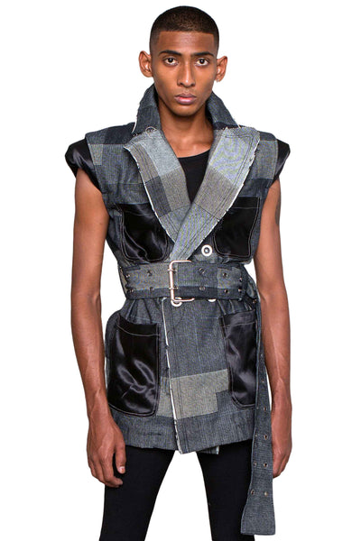 Shop Emerging Slow Fashion Genderless Alternative Avant-garde Designer Mark Baigent Wōlfin Collection Indigo Patchwork Aro Vest at Erebus