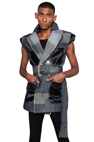 Shop Emerging Slow Fashion Genderless Alternative Avant-garde Designer Mark Baigent Wōlfin Collection Indigo Patchwork Aro Vest at Erebus