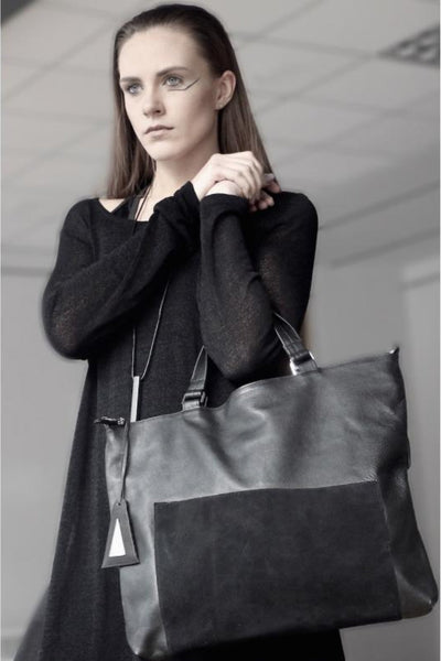 Shop emerging slow fashion designer Anoir by Amal Kiran Jana leather and suede Asymmetric Tote Bag Black - Erebus