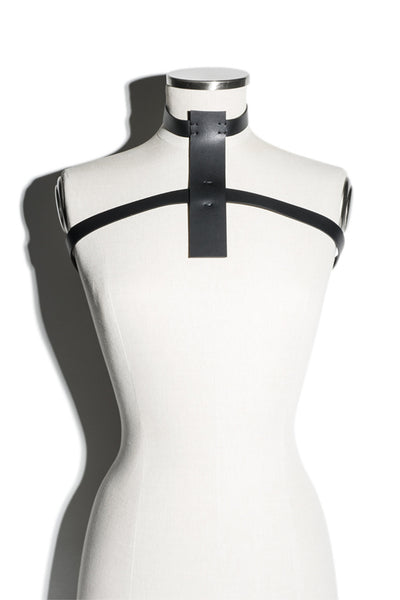 Shop emerging slow fashion accessory brand Aumorfia IASIS Collection Black Leather Degamma Harness Bodypiece at Erebus