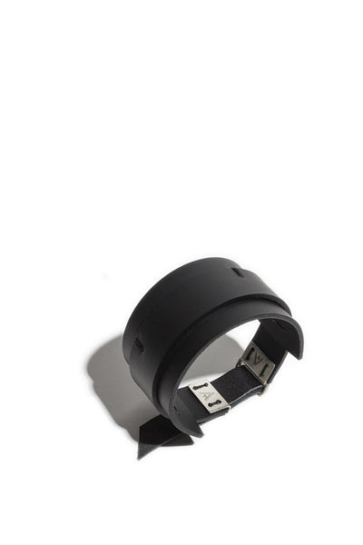 Shop emerging slow fashion accessory brand Aumorfia IASIS Collection Black Leather Depolo Cuff Bracelet at Erebus