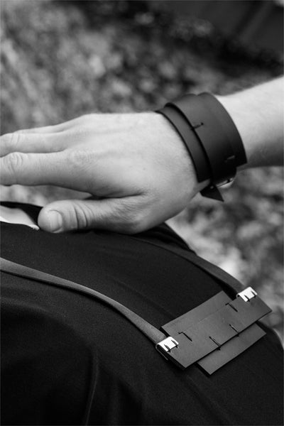 Shop emerging slow fashion accessory brand Aumorfia IASIS Collection Black Leather Depolo Cuff Bracelet at Erebus