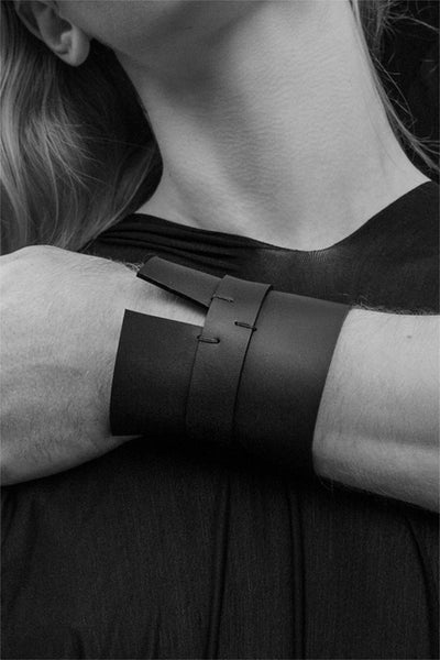 Shop emerging slow fashion accessory brand Aumorfia IASIS Collection Black Leather Diakenos Cuff Bracelet at Erebus