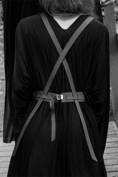 Shop emerging slow fashion accessory brand Aumorfia IASIS Collection Black Leather Hiastee Harness Bodypiece at Erebus