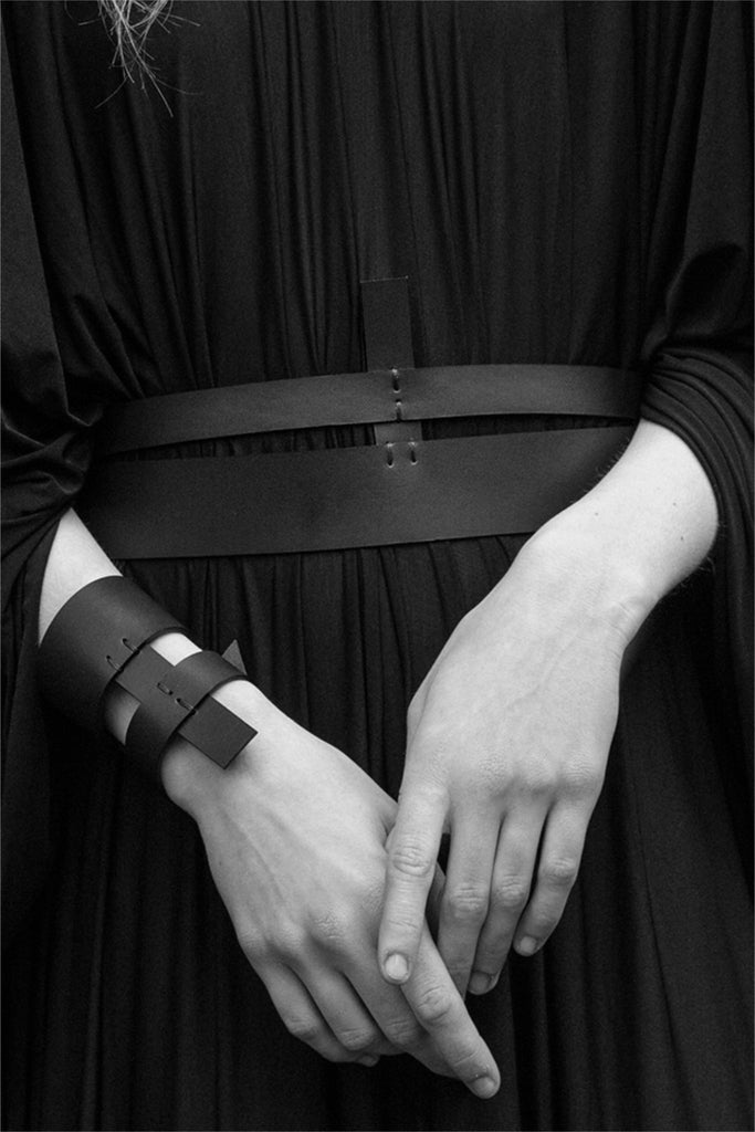 Shop emerging slow fashion accessory brand Aumorfia IASIS Collection Black Leather Orthon Cuff Bracelet at Erebus