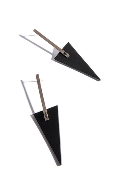 Emerging slow fashion accessory brand Aumorfia black leather BAR TRNGL L Earrings with sterling Silver - Erebus - 2