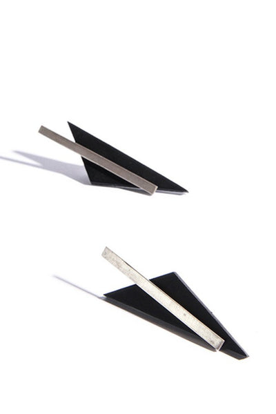 Emerging slow fashion accessory brand Aumorfia black leather BAR TRNGL Earrings with sterling Silver - Erebus - 2